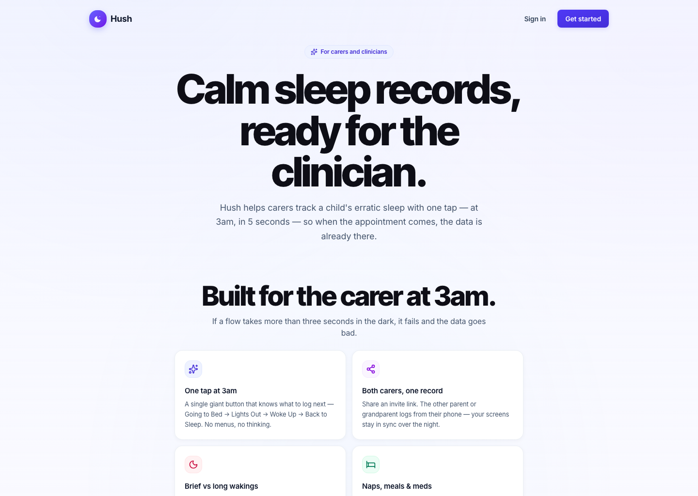 Hush sleep tracker landing page